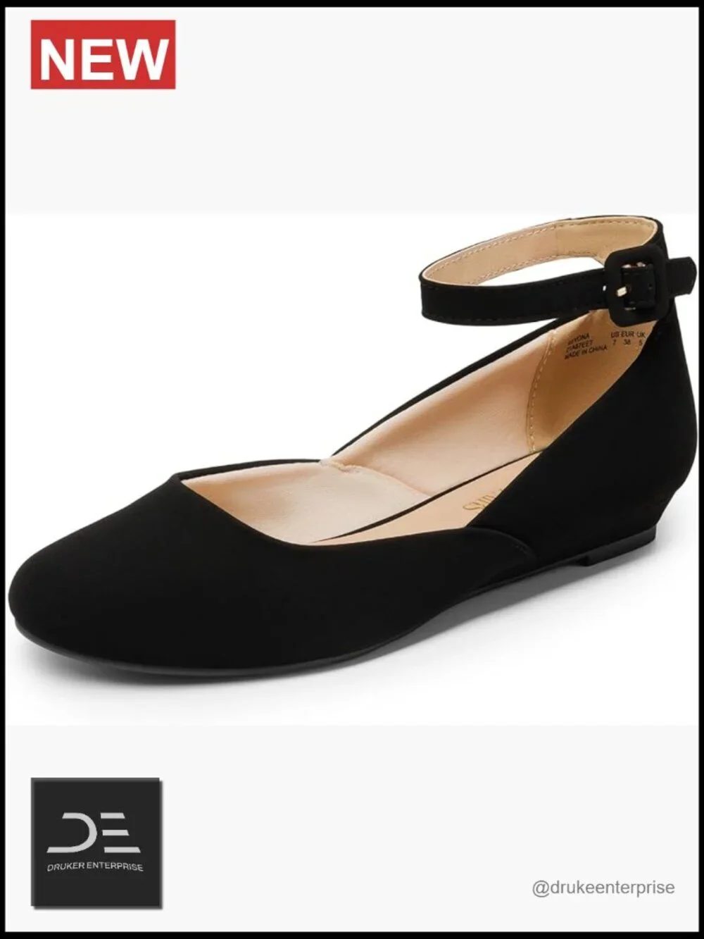 Womens Dress Flats Ballet Low Wedge Round Toe Ankle Strap Comfortable Casual